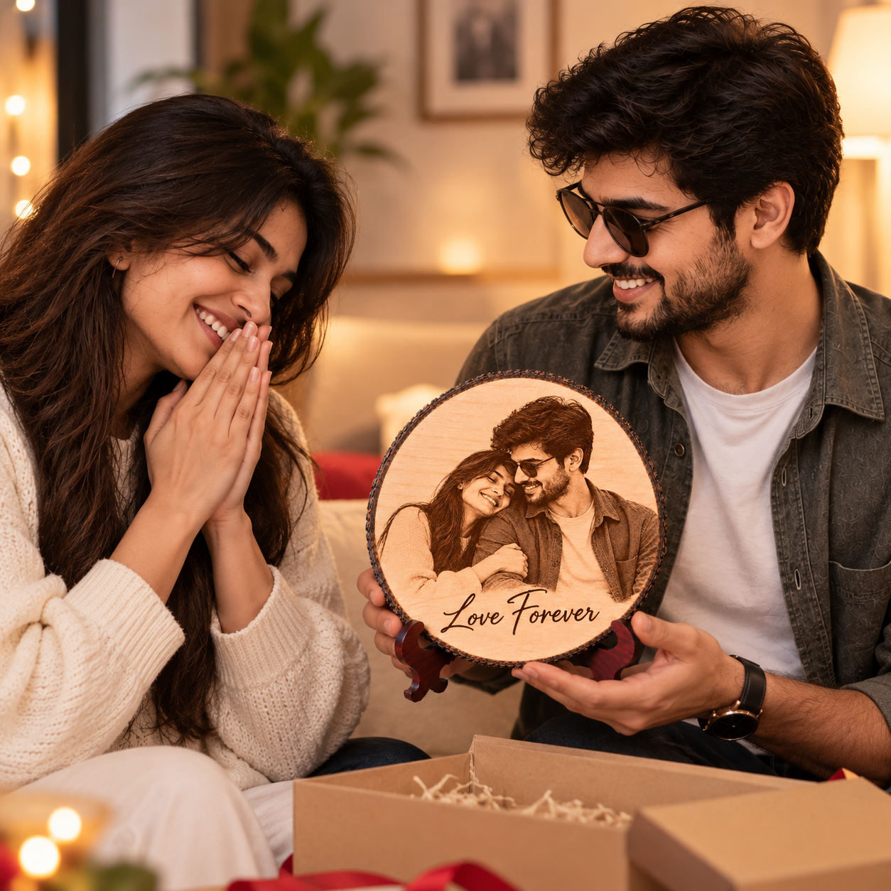 Personalized Wooden Photo Slice with Engraving For Couple