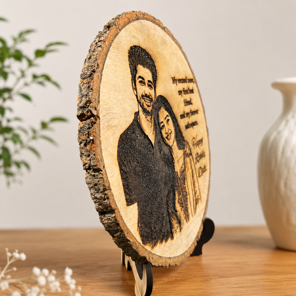 Personalized Wooden Photo Slice with Engraving | Custom Rakhi Gift for Brother & Sister
