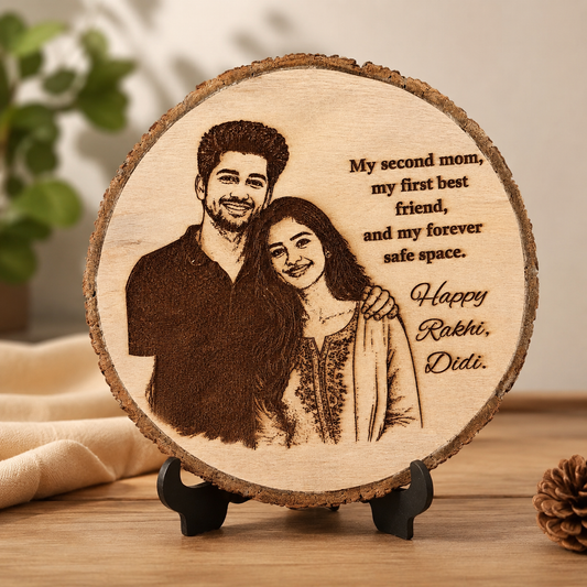 Personalized Wooden Photo Slice with Engraving | Custom Rakhi Gift for Brother & Sister