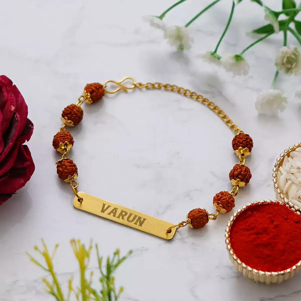 Personalized Rudraksh Chain Rakhi With your Name – The Gift Baskett